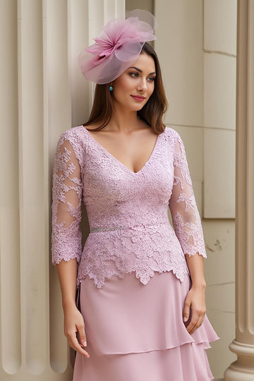 Blush A-Line V-Neck Tiered Chiffon Mother of the Bride Dress with Lace Appliques